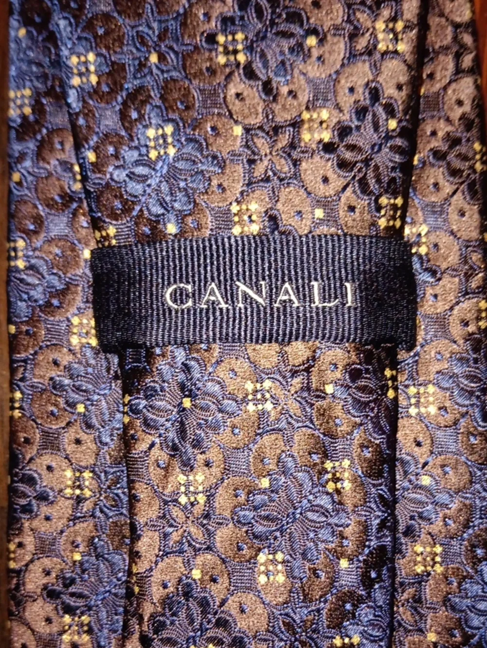 Canali Brown Tie with Blaxk Floral Medallion Pattern